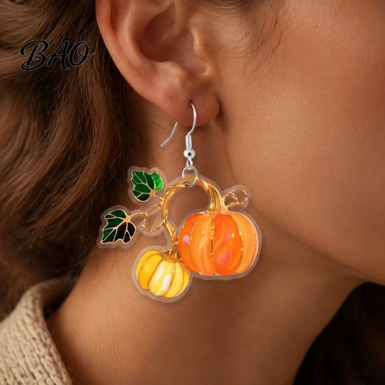 Charming Holiday Party Jewelry 1 Pair Pumpkin Acrylic Drop Earrings, 2D Fall Harvest Dangle Earrings Fun Seasonal for Girls Women, Halloween