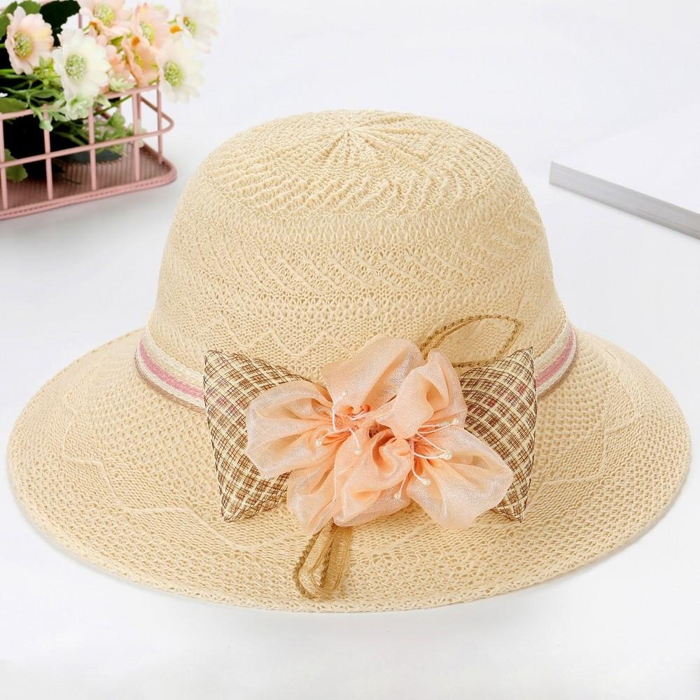 Women Fashion Wide Brim Straw Hat Bow Flowers Foldable Sunscreen Beach Hat Sun Protection Leisure Bucket Hat Women
