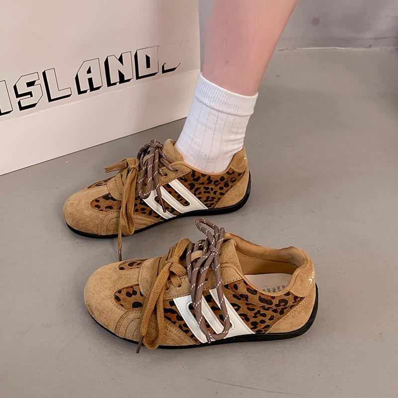 Retro Leopard Print Lace-up German Training Shoes Women's 2025 Early Autumn New Thin-soled Inner Height-increasing Racing Shoes Sports Casual Shoes