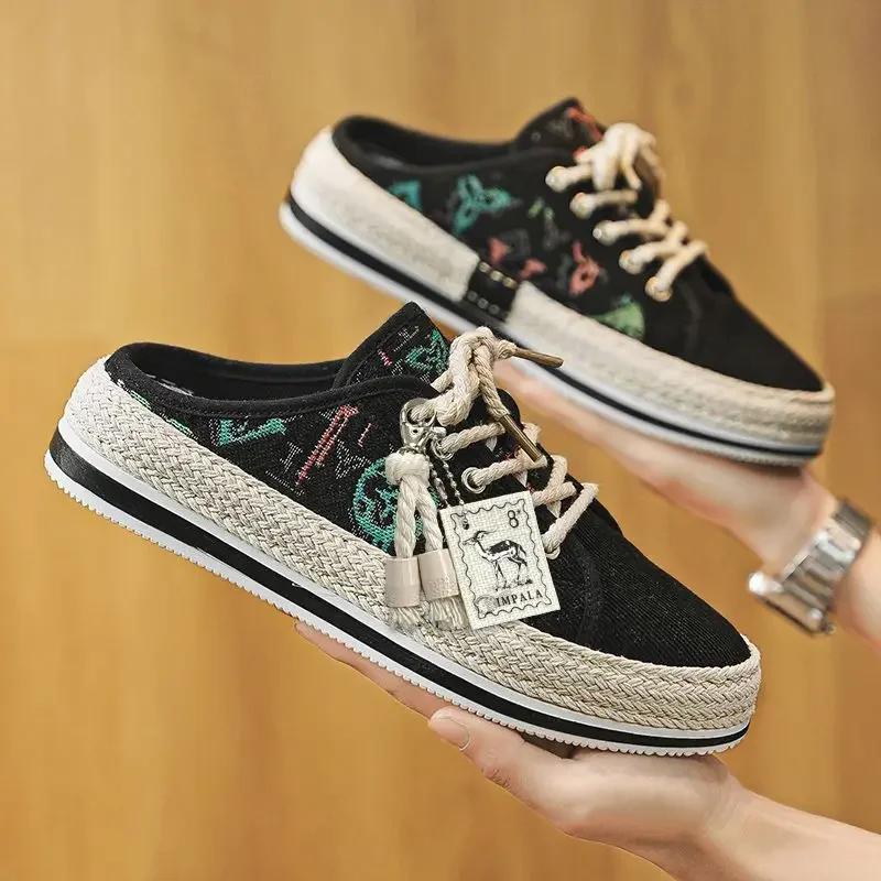 

Shoes Summer Mules Half Sandals Man Canvas Slippers for Men Original Designer Luxury High Quality Fashion Rubber Casual Adult 44