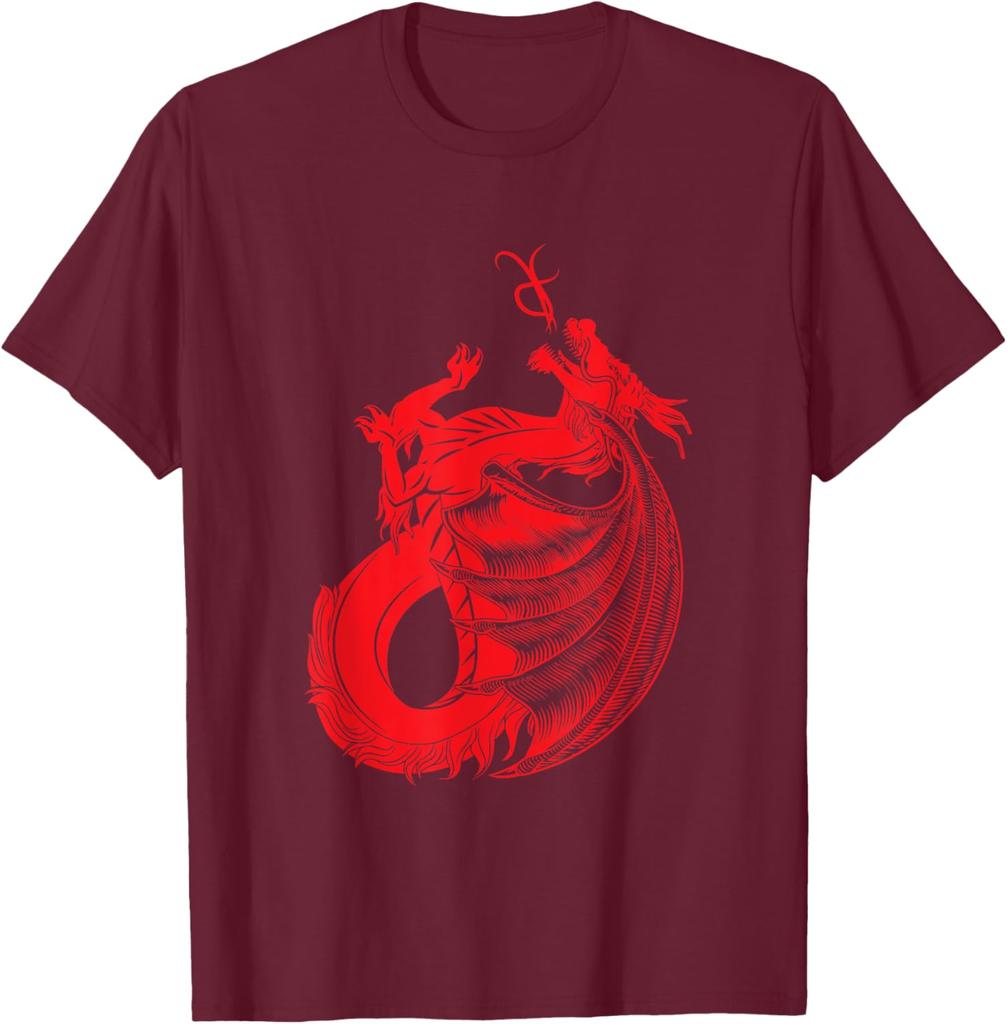 Red Mythical Dragon Graphic Print Cotton Crew Neck TShirt Casual Short Sleeve Tee for Men