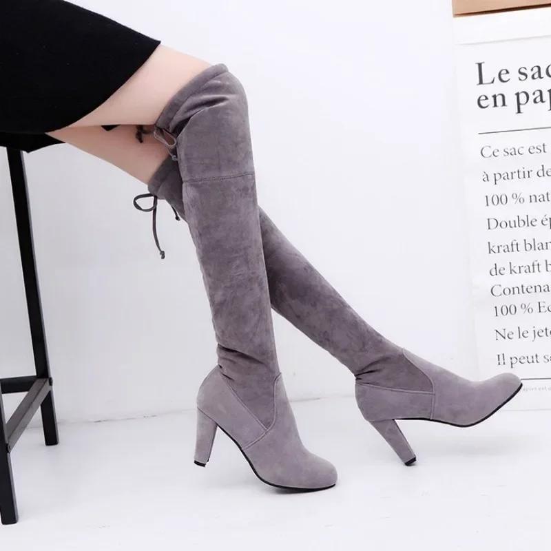 Herbst und Winter Neue Retro Stiefel Hoher Absatz Dick Wasserdichte Plateau Overknee Stiefel Damen Übergröße 43