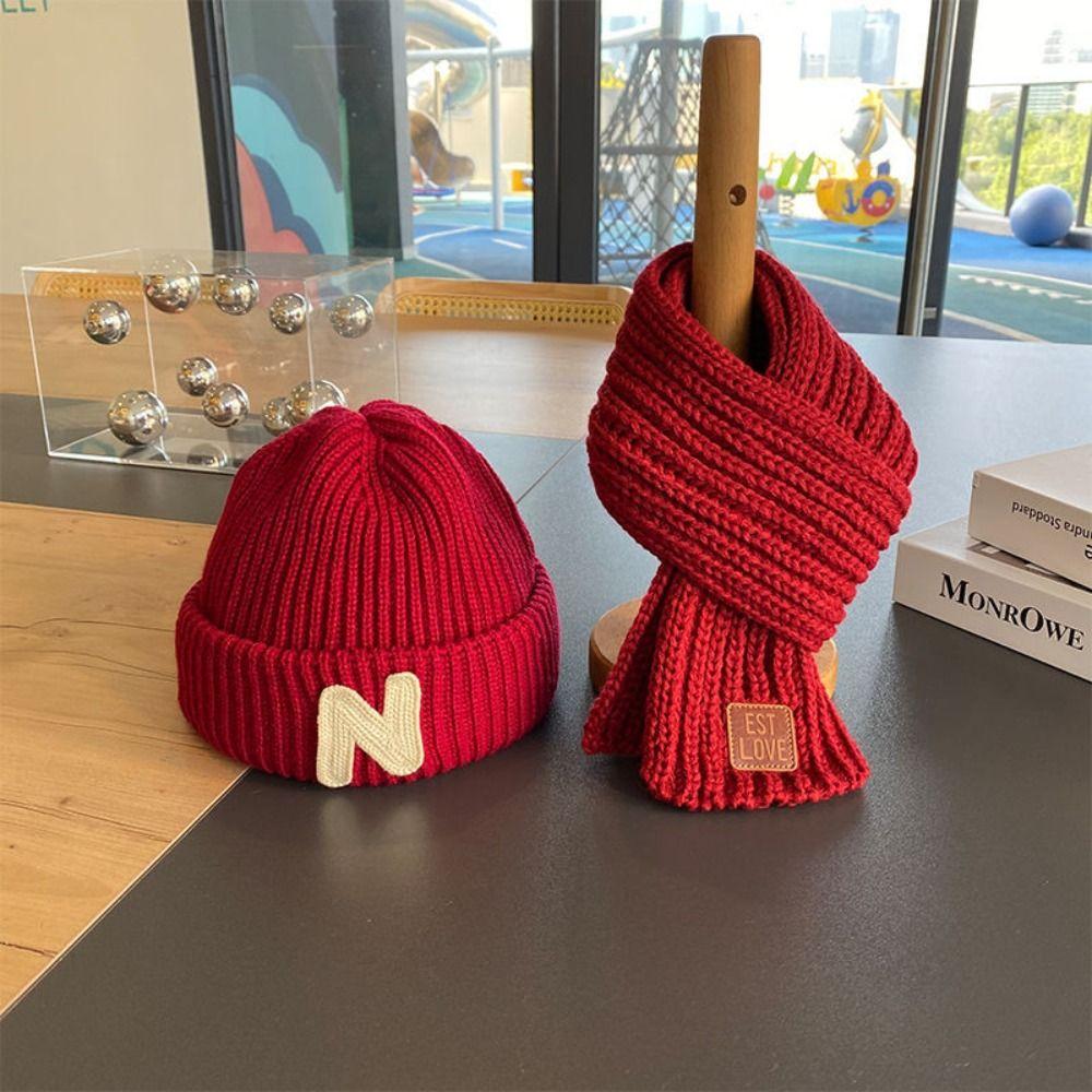 

N Letter Embroidery Pullover Hats Windproof Knitted Hat Fashion Hat Scarf Set for Children сірий