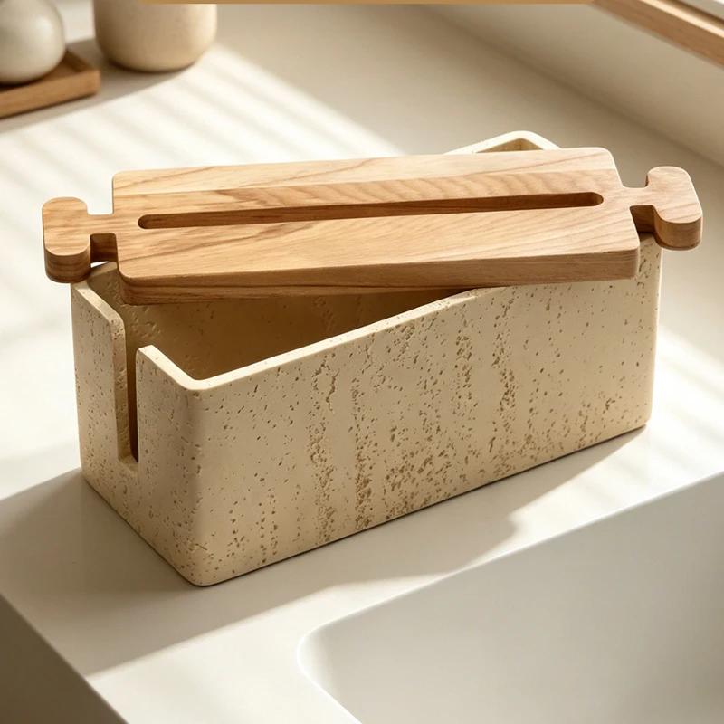 Adjustable Lifting Wood Cover Tissue Box Travertine Texture Napkin Holder Simple Desktop Tissue Box Home Bathroom Living Room