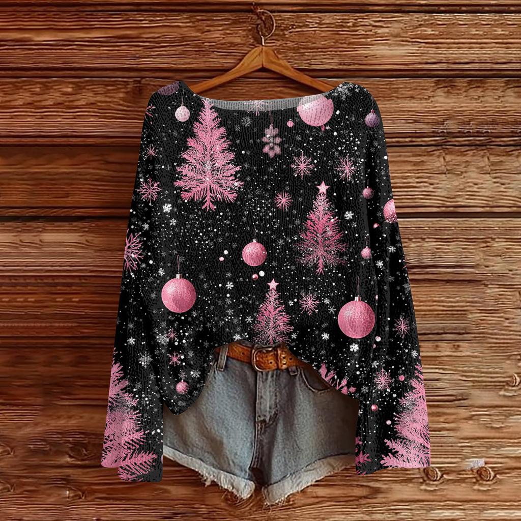 Ladies' Fashionable Casual Long Sleeved Christmas Printed Round Neck Knitted Yarn