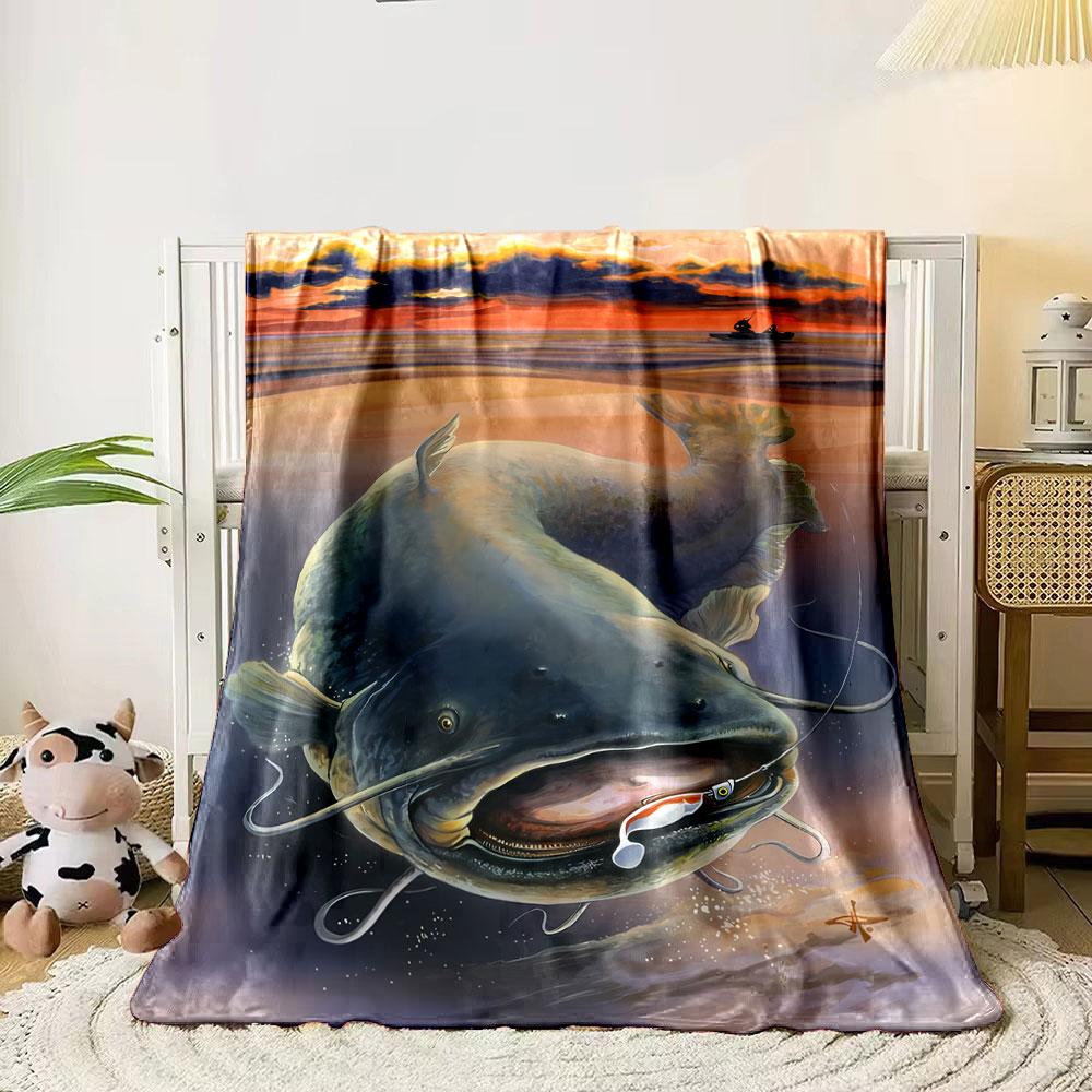 Giant Catfish Fishing Sunset Blanket bedroom Blanket for Livingroom Couch lunch break Soft throw for Friend's festival Gift