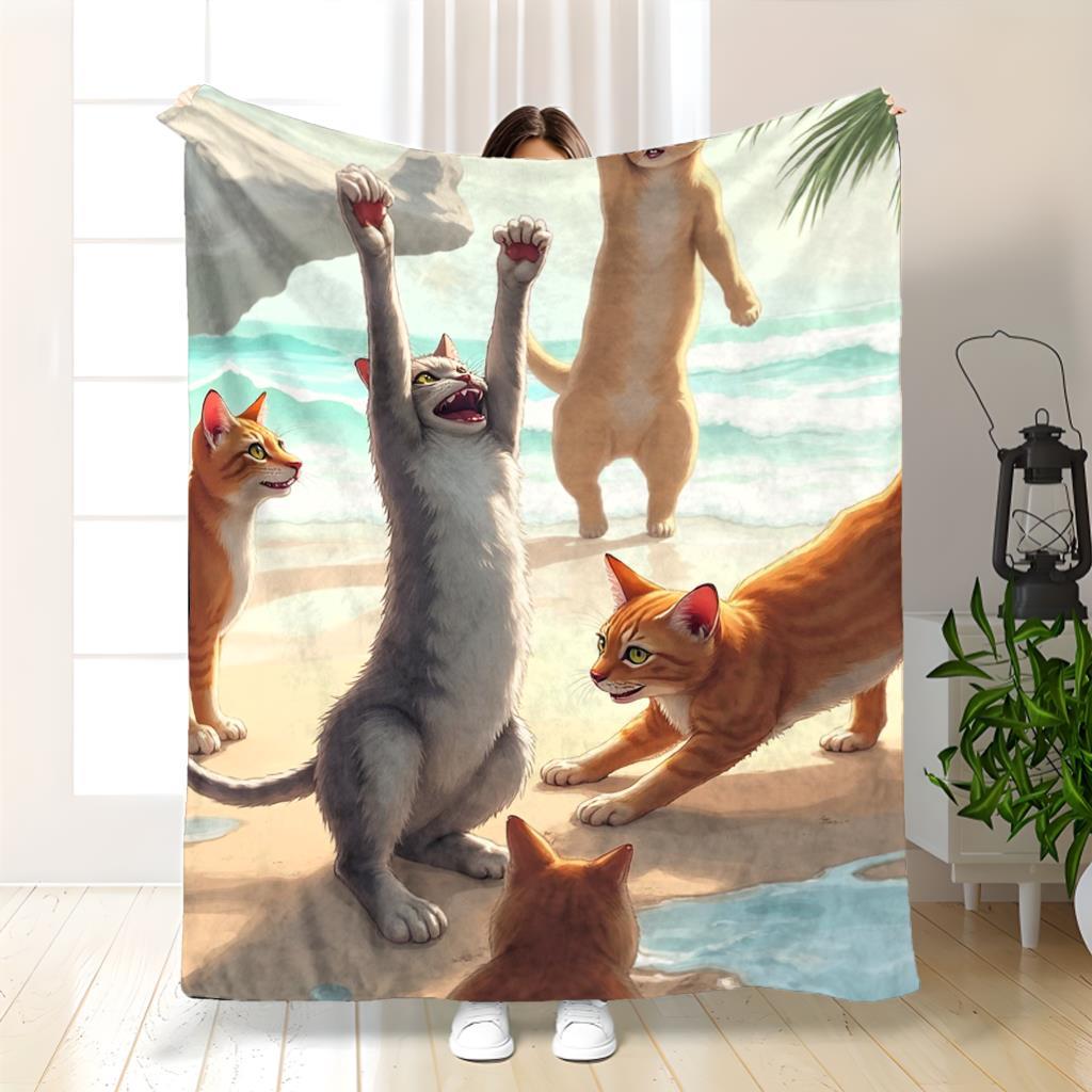 Fun Beach Cat Theme Flannel printed blanket suitable for all seasons suitable for living room office sofa and travel 180x250CM