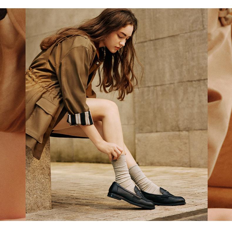 Belle Texture Loafers Women's 2025 Autumn New Genuine Leather Flat Heel Penny Loafers
