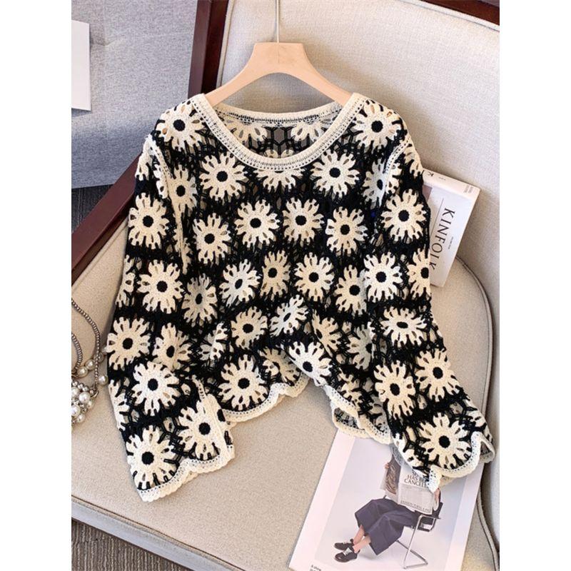 Women Clothing Chubby Girl Spring and Summer New Round Neck French Style Hollow Perspective Long Sleeve Knit Cover Up Sweater Sun Protection Shirt