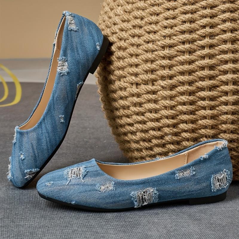 Women's Light Blue Slip-On Flats - Casual Square Toe Loafers with Ripped Detailing, Comfortable Rubber Sole Lightweight  Breathable Fabric for All-Day