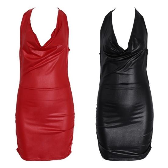 Women Sleeveless Backless Halter Faux Leather Mini Bodycon Dress Sexy Underwear