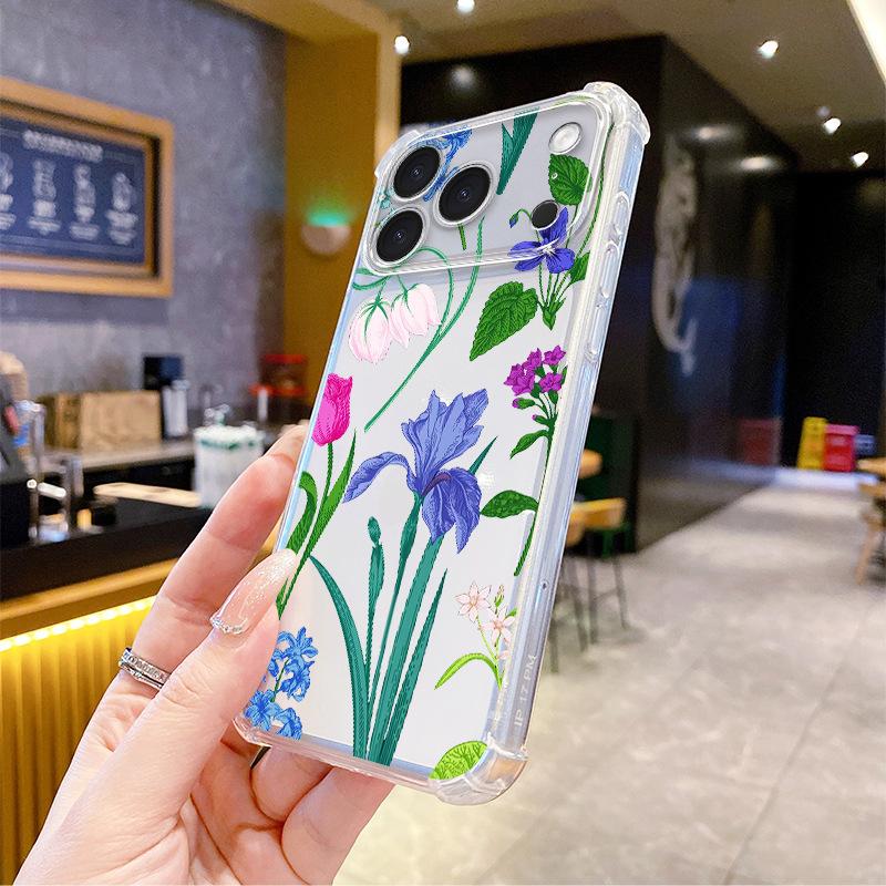 Hot-selling foreign trade colored tulip Apple 16 mobile phone case iPhone17pm anti-drop transparent soft case 15 protective case