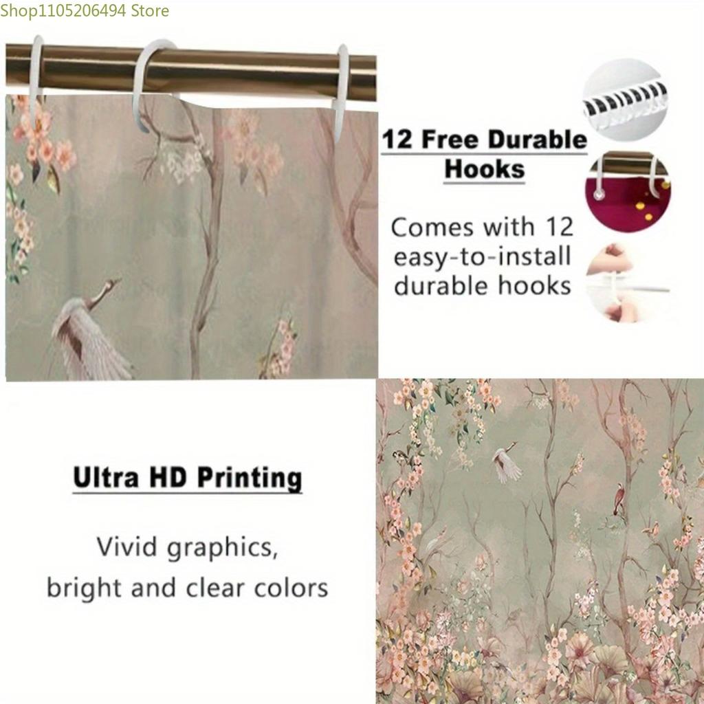 1pc Floral & Bird Pattern Shower Curtain - Pastel Background, Durable Polyester Fabric, Machine Washable with Hooks Included,