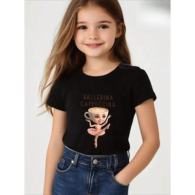 Girls Ballet Cappuccino Ballerina Cappuccina Short Sleeve Round Neck Summer Cartoon Casual Tops Regular Fashion T-shirt for Girl