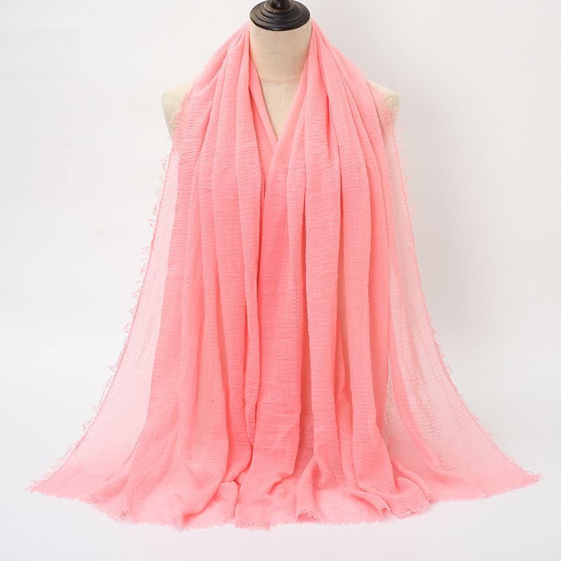New Style Wrinkled Cotton Scarf with Fur Edge and Rayon, Large Solid Color Women's Headscarf BS414
