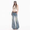 Spring Summer Vintage Light Blue Handmade Cat Whisker Low Waist Classic Slim Micro Flare Denim Pants For Women Casual Pants Oversize Denim Trousers
