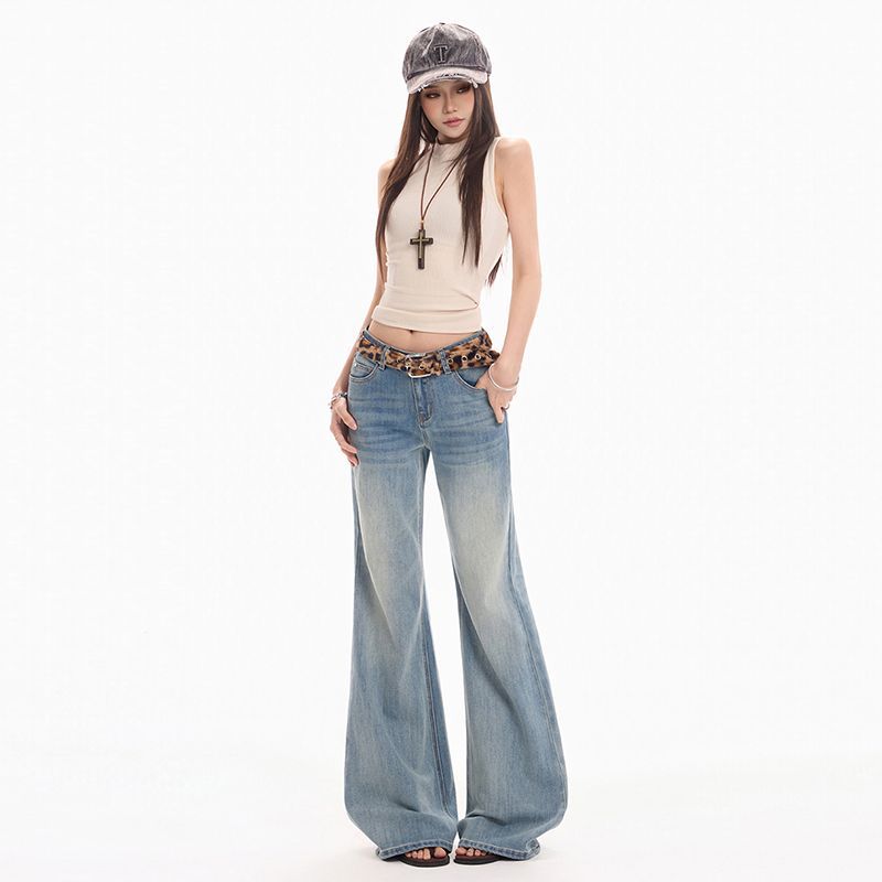Spring Summer Vintage Light Blue Handmade Cat Whisker Low Waist Classic Slim Micro Flare Denim Pants For Women Casual Pants Oversize Denim Trousers