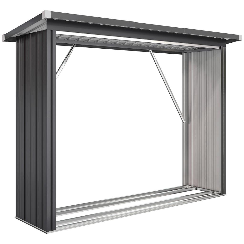Firewood Shed. Firewood Shelter. Steel. Raised Floor. Sloping Roof. 213 X 66.5 X 150 Cm. Dark Gray