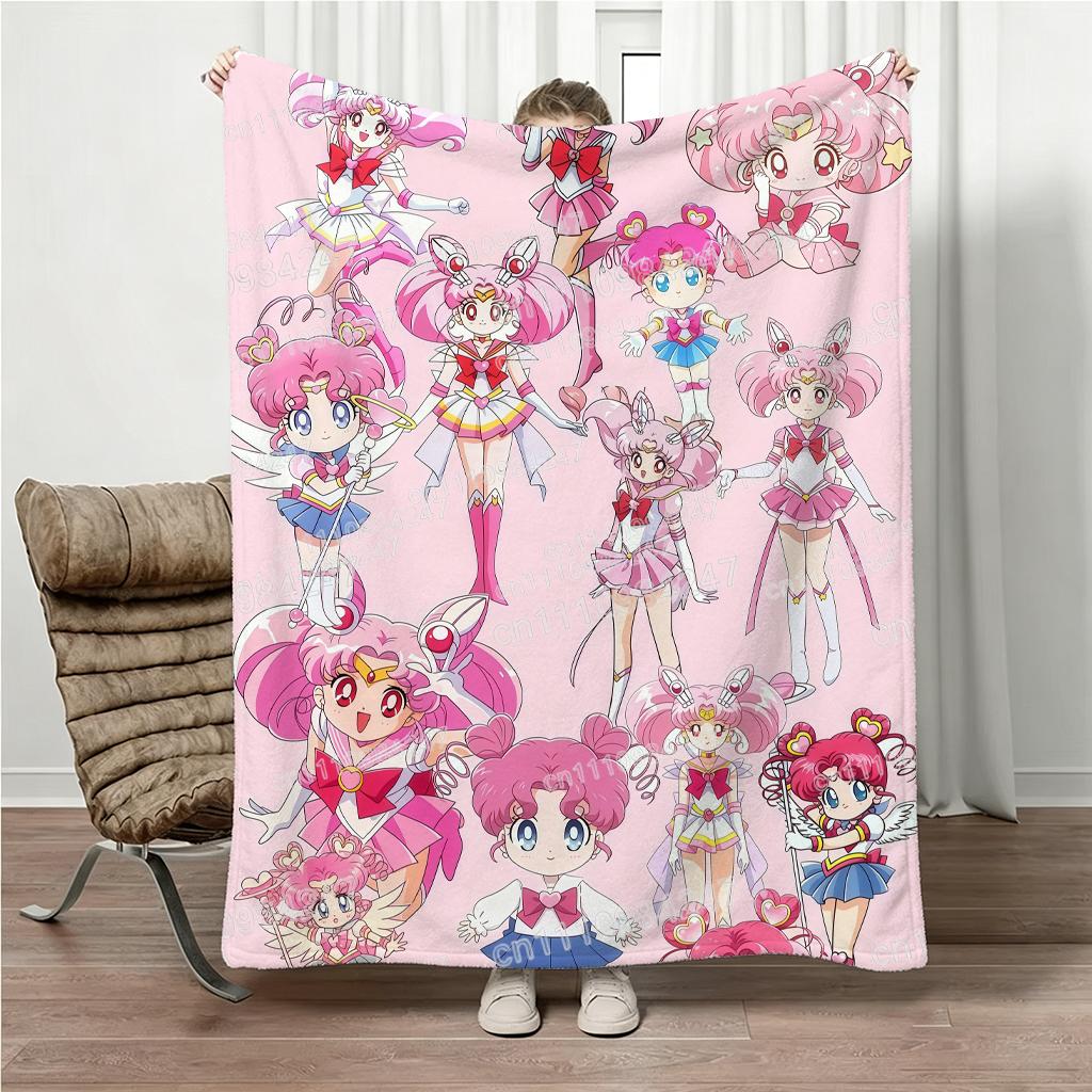 Summer Sailor Moon Chibiusa Flannel Blanket Cute Anime Print Throw Blanket Soft Warm Bed Sofa Blanket Gift for Anime Fans