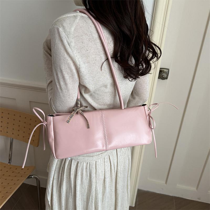 Simple Solid Color Pu Shoulder Bags for Women Sweet Bow Thread Design Ladies Underarm Bag Casual Versatile Female Pillow Handbag