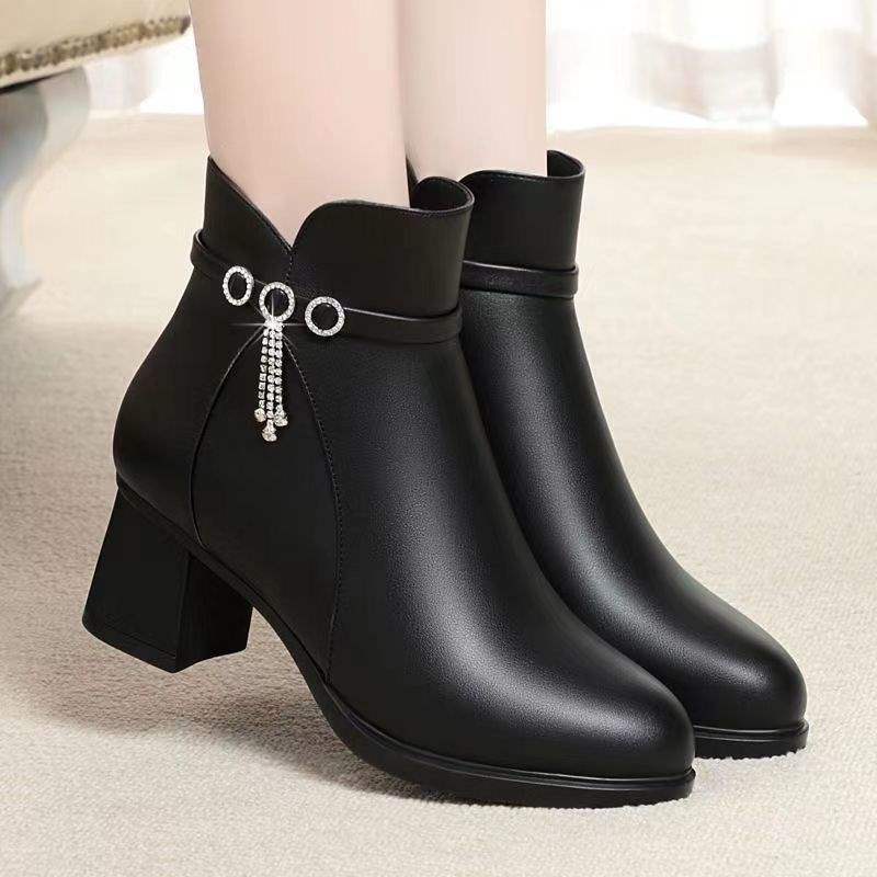 Mom winter shoes high heels short boots 2025 autumn new thick heel thick sole velvet warm women's versatile cotton boots