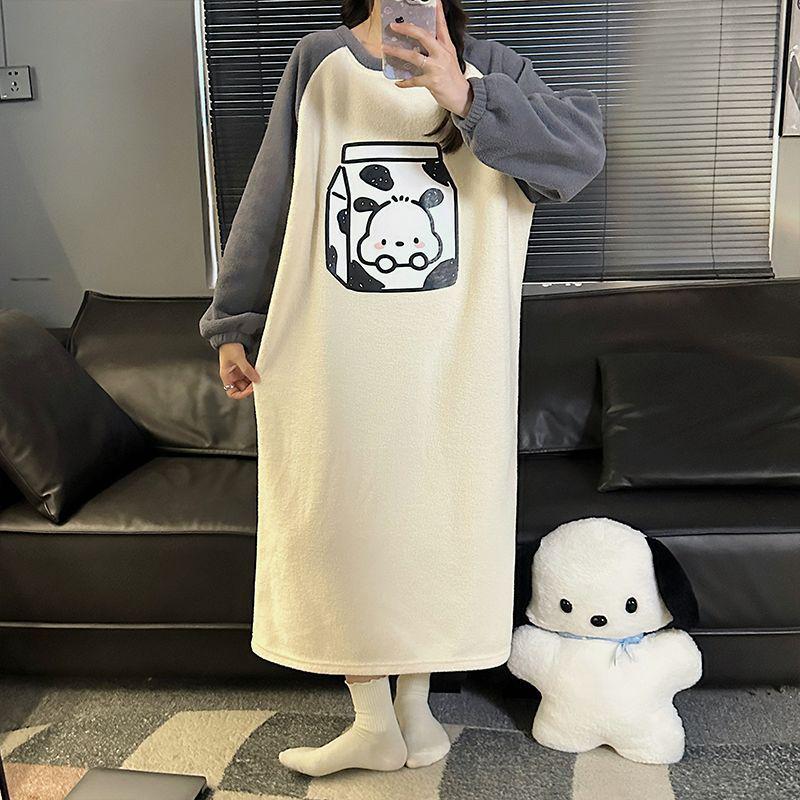Women's Cartoon Flannel Nightgown – Cute, Cozy, Long Sleeve, Mid-Length Dress for Fall/Winter, Suitable for Home or Outdoors