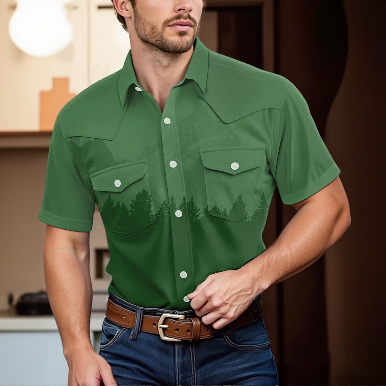 

Men S Fashionable Lapel And Shoulder Length Short Sleeved Casual Top L зелений