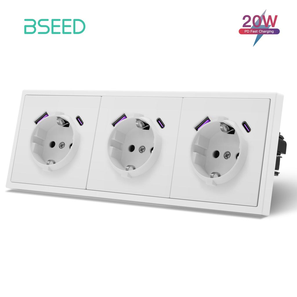 BSEED EU Large Button Wall Switches 1/2Gang 1Way Wall Power Sockets Dual USB Phone Charge Port 5V White Home E-Series