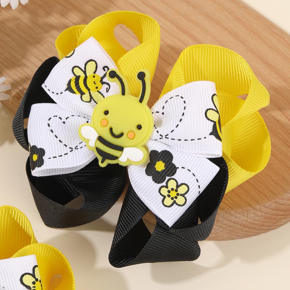 2Pcs Cartoon Bee Bow Hair Clips For Girls Cute Flower Print Color-Blocking Ribbon Hairpins Kids School Daily Trendy Accessories