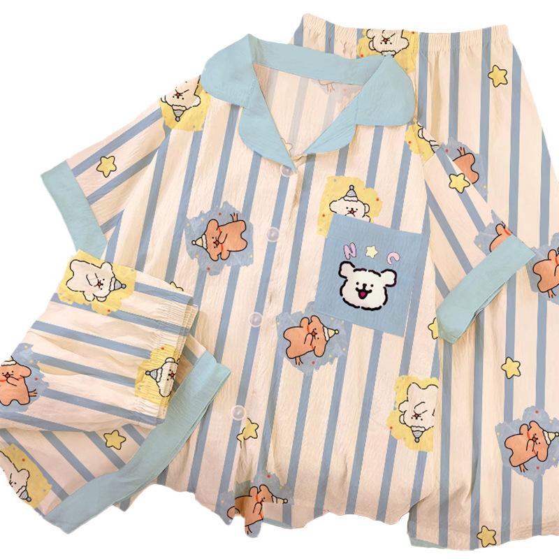 Line Puppy Small Fresh Striped Cloud Cotton Short-Sleeved Pajamas Women'S Summer Three-Piece Loungewear