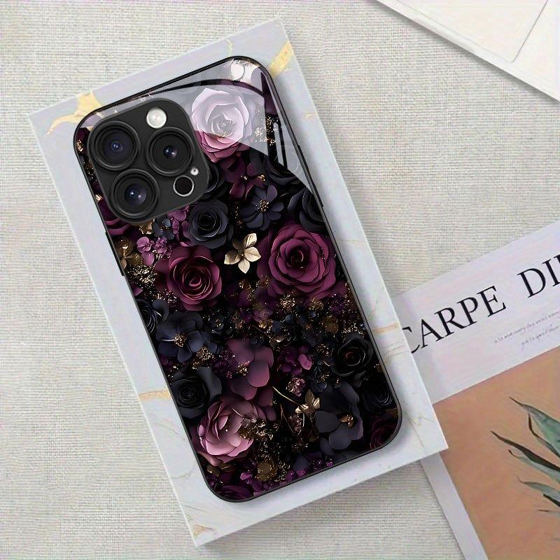 Dark Rose Print Pattern Tempered Glass Phone Case For iPhone 17 16 15 14 13 12 11 Pro Max 17 Air 7 8 Plus XR XS X Cover