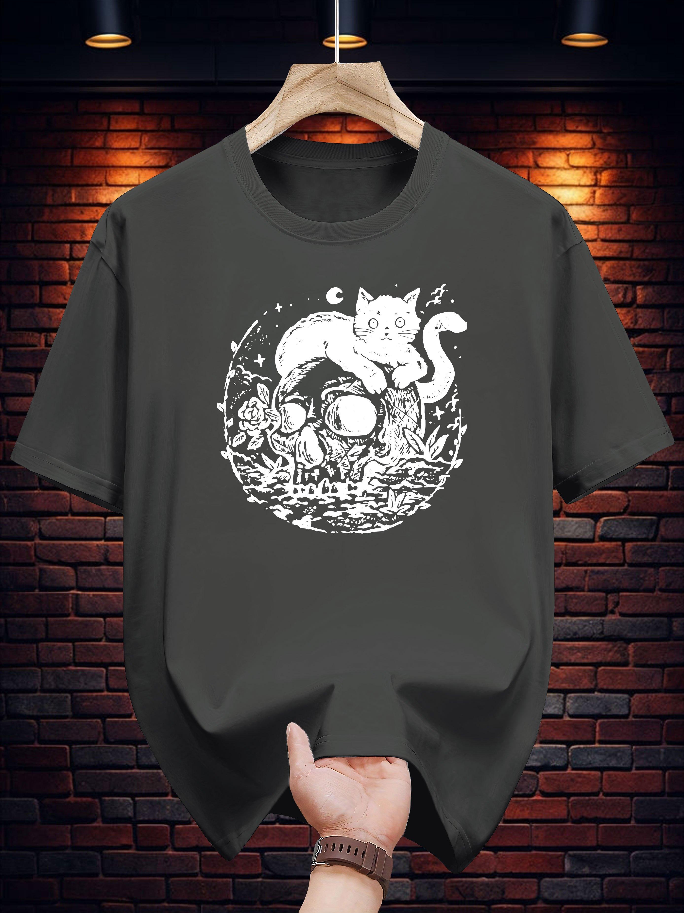 Print Short Sleeve T-shirt - Casual Summer Tee with Whimsical Cat & Moon Design XL
