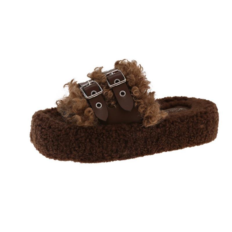 

Premium belt buckle thick-bottomed fluffy slippers women s new retro versatile velvet thermal home slippers 40 хаки