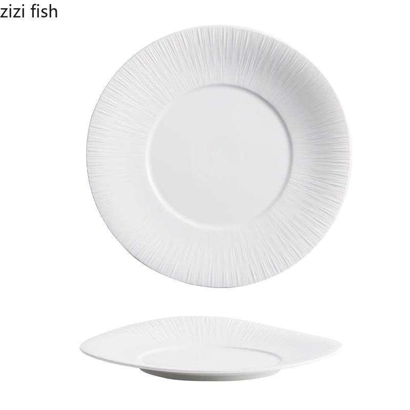 Pure White Wide Edge Striped Plate Ceramic Steak Plate Dessert Snack Plate Pasta Plates Molecular Cuisine Specialty Tableware