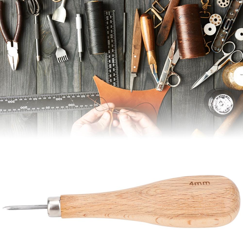 Leather Awl Set Steel Cone Punching with Beech Handle Diamond Round Tip for Leather Punching Stitching Tool for Belts Wallets