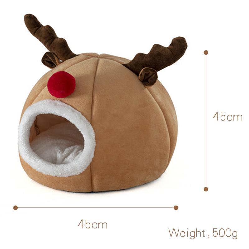 Pet Cat Bed House Cute Elk-shaped Kennel Nest Winter Warm Puppy Kitten Bed Cushion Comfortable Cat House Cave Christmas Pets Pad