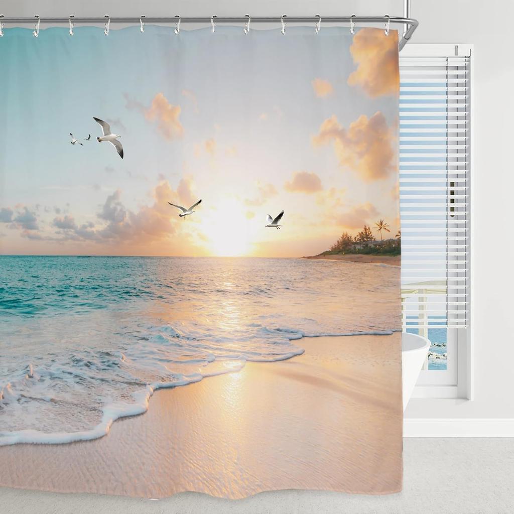 Miyotaa Beach Coastal Shower Curtain Set 60Wx71H Inches Sea Ocean Sunrise Sunset Scene Wave Seagull Hawaiian Seaside Waterproof Bathroom Curtain with