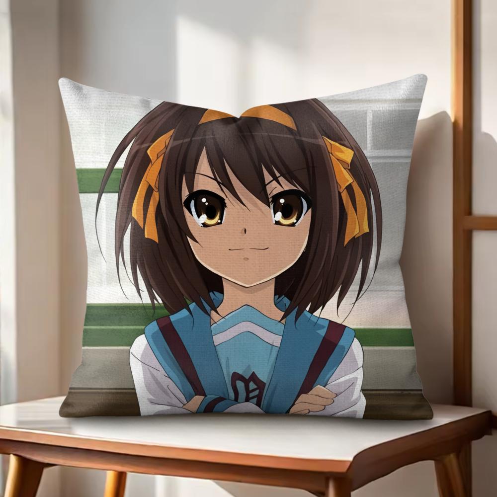 Anime H-Haruhi S-Suzumiya Cushion Cover Natural Linen Organic Fabric Double-Sided Printing Sofa Home Decor Gift Pillow Cover