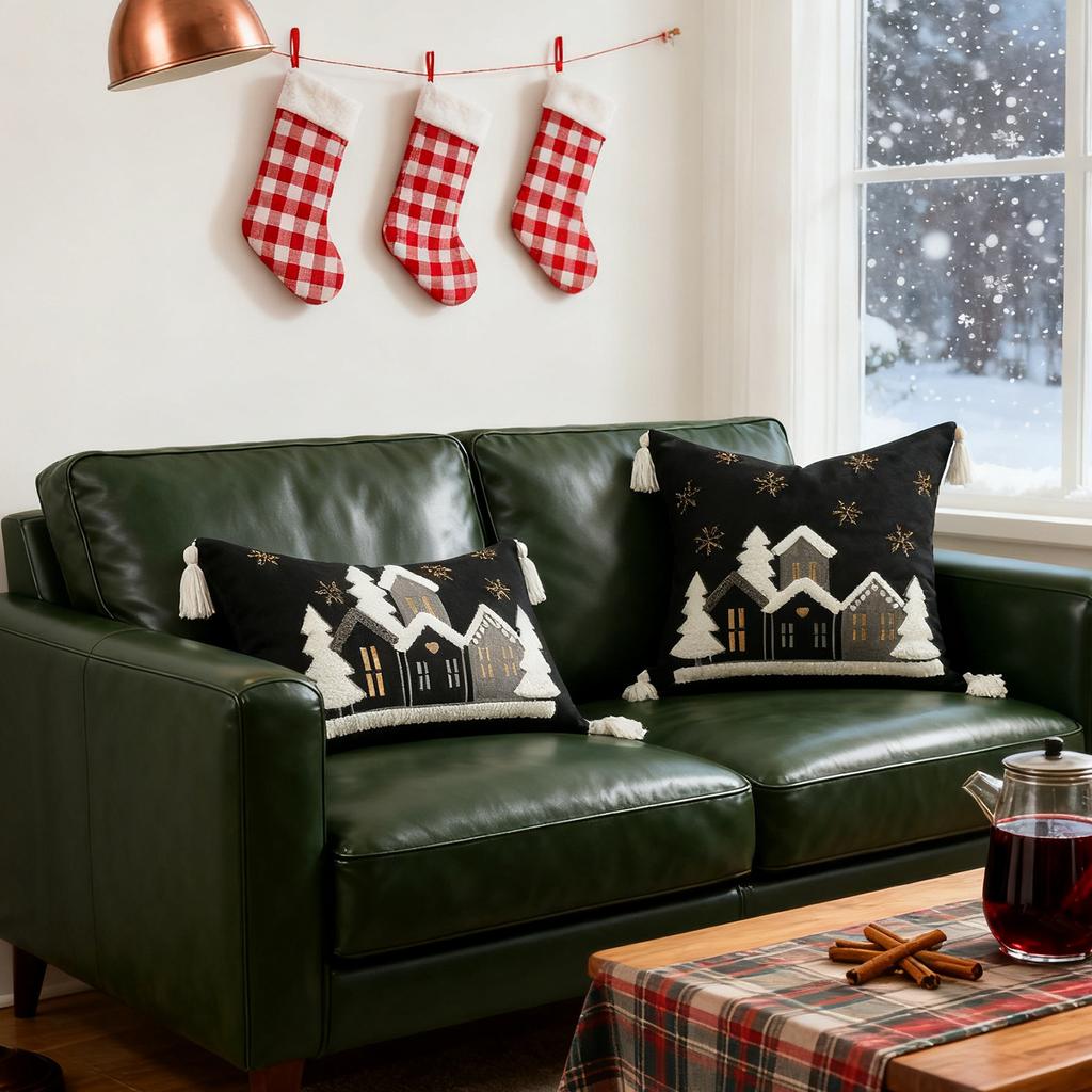 Christmas Snowflake Embroidery Throw Pillow Cover 45x45cm Red Winter Decor Farmhouse Cushion Case