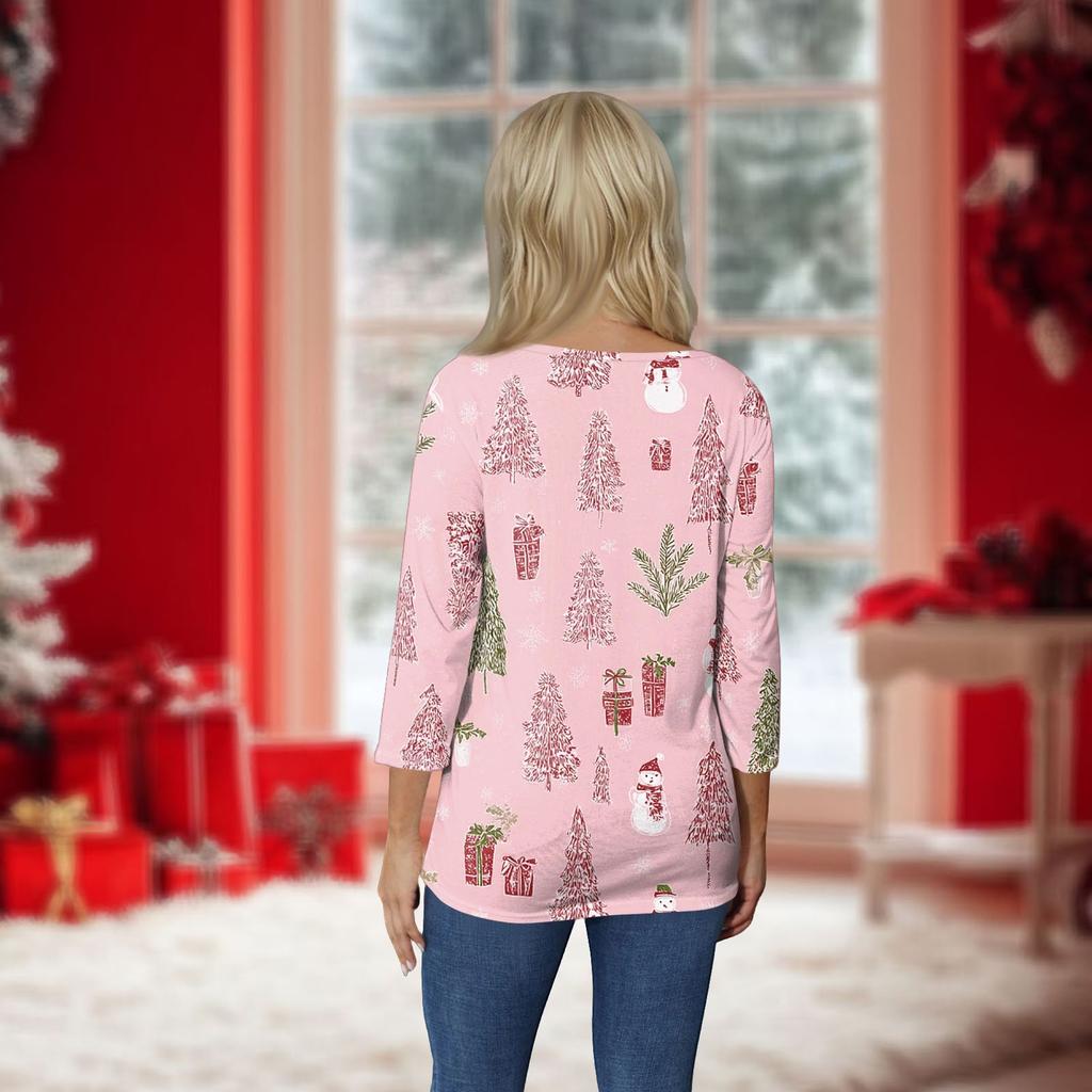 Top de damă cu decolteu O cu mâneci 3/4 cu imprimeu de Crăciun