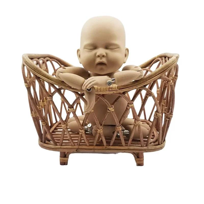 Newborn Photography Prop - Vintage Rattan Weaving Basket Baby Bed & Crib Practical Photo Shoot Furniture for Adorable Baby Shots