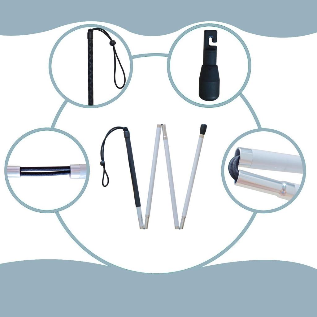 Aluminum Four-Section Folding White Cane with Two Tips for the Visually Impaired and Blind (Black Grip, 130 cm)