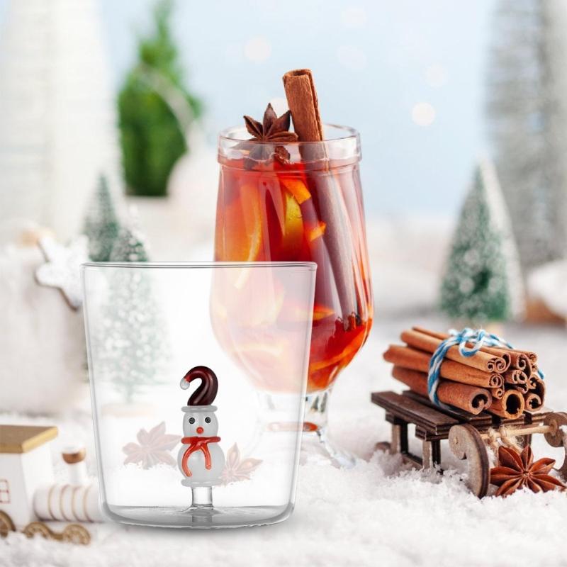 Decorative Christmas Glass Cup Christmas Party 3D Glass Mug Practical Festival Pattern Embellished Glass Mugs