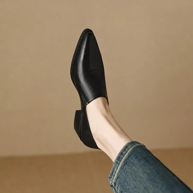 Women Spring Autumn Retro Pointed Toe Pedal Soft Leather Loafers All Match Thick Heeled Mid Heel Fashion Single Shoes