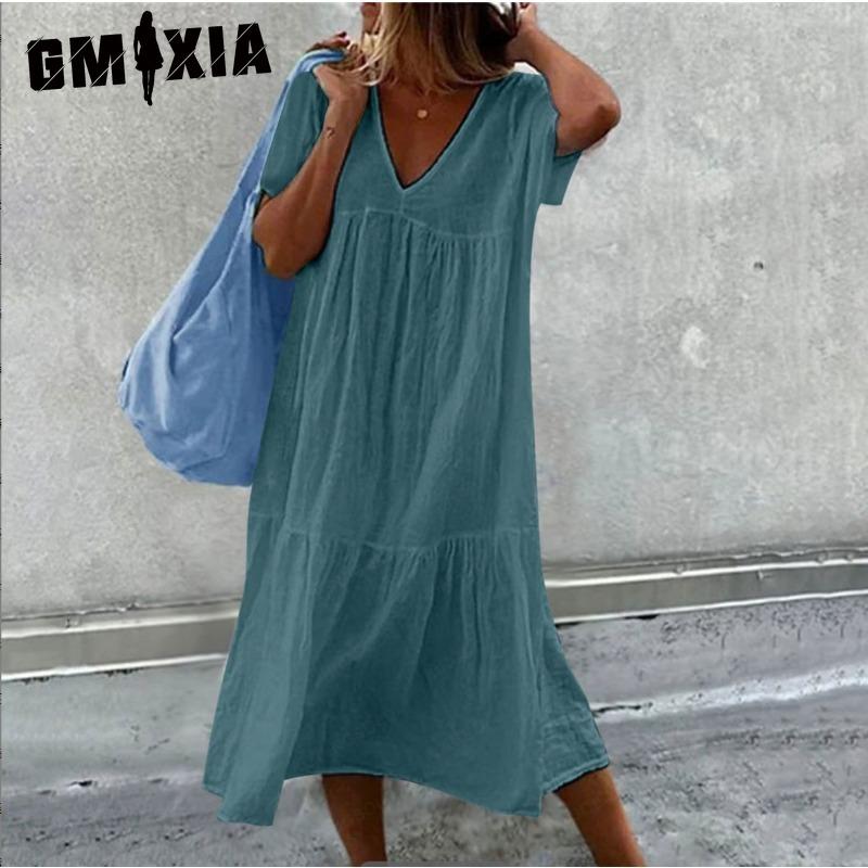 

GMXIA женские модные летние весенние однотонные повседневные платья с короткими рукавами и v-образным вырезом и высокой талией L озеро синий