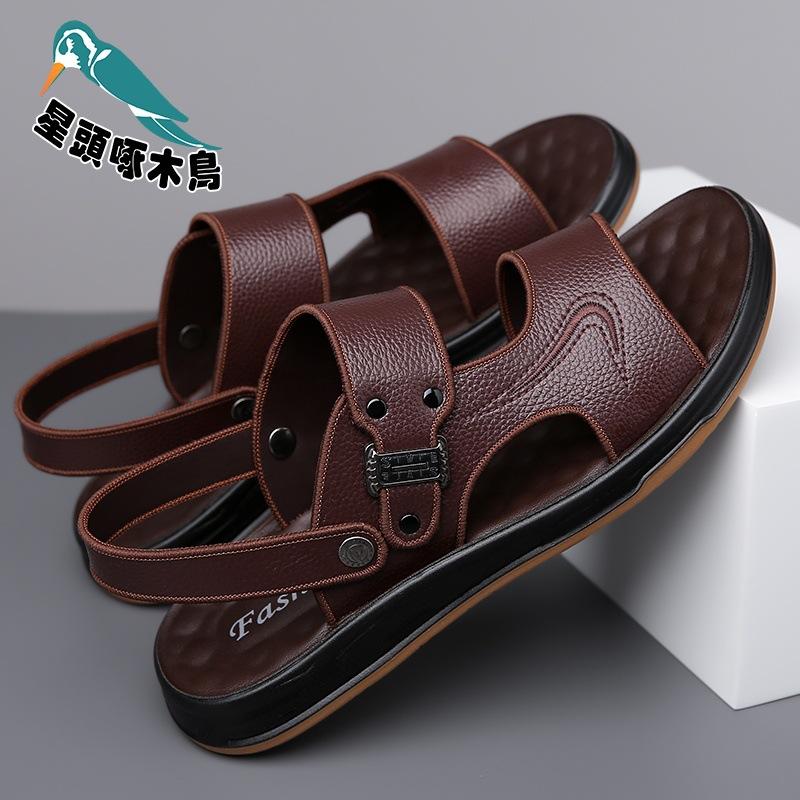 

Сандалии мужские кожаные новые пляжные туфли мужские летние нескользящие подошва из говяжьей кожи для вождения повседневные крутые шлепанцы 44