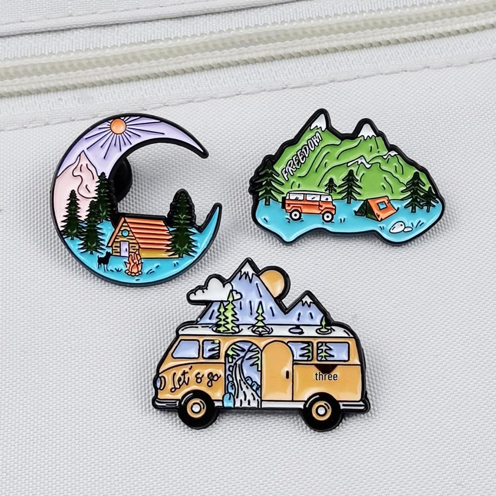 Moon Car Travel Brooch with Mountain & River Scenery - Metal Backpack Badge