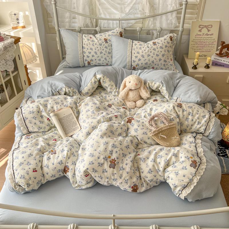 Korean Style Lace Skin-Friendly Double Layer Gauze Printed Bedding Set - Three or Four Pieces