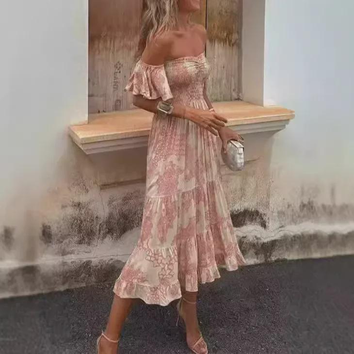 Printed Off-Shoulder Tube Top Dress with Lotus Leaf Sleeves