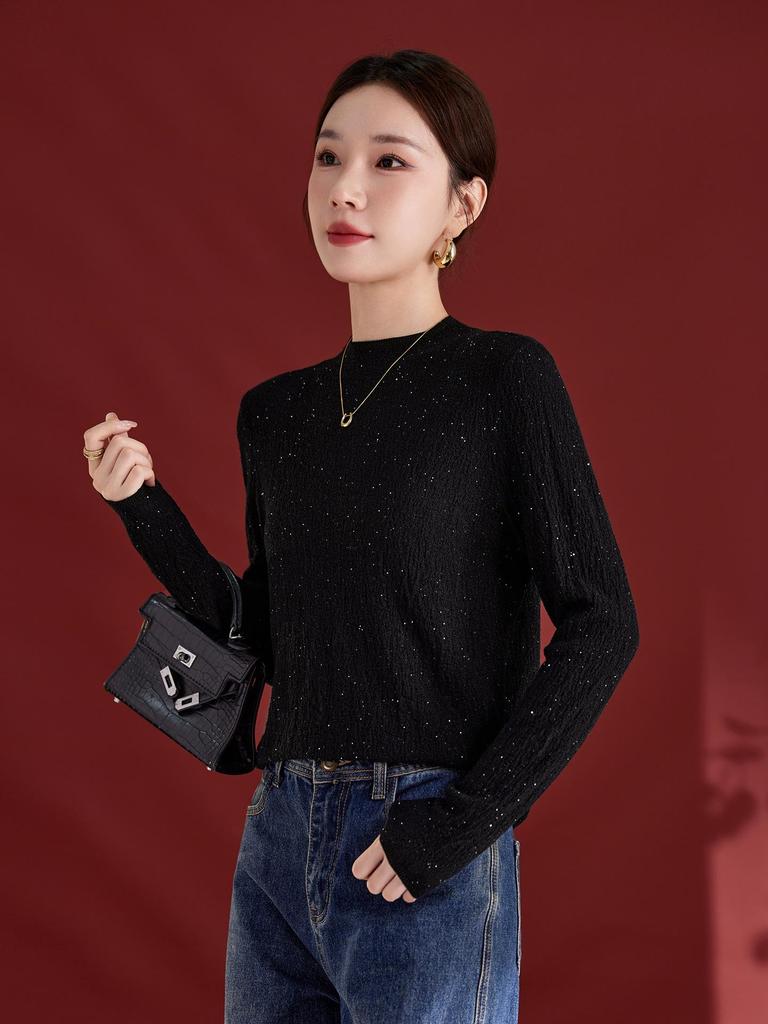 Women's Fashionable Sequin Yarn Wool Cardigan, Slim Fit Round Neck Sweater